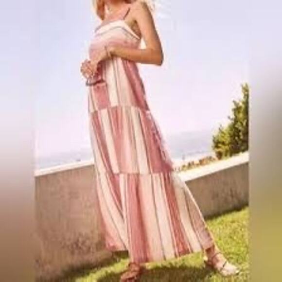 Faherty Striped Tiered Cotton Maxi Dress Sunset Pink Multi Size Large - Picture 1 of 6